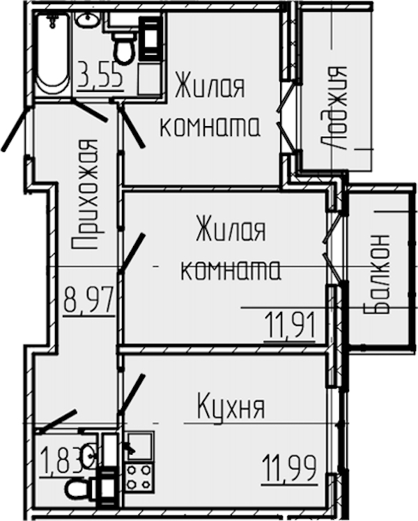 2-комнатная квартира 50.48 м², 7/8 эт., ЖК «SERTOLOVO PARK»